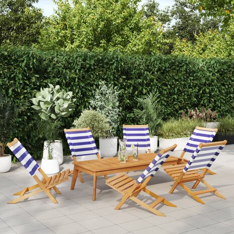 Tuinstoelen 6 st inklapbaar stof en massief hout blauw en wit