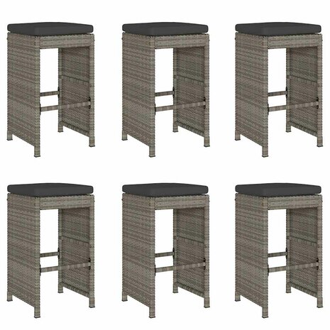 Tuinbarkrukken met kussens 6 st poly rattan grijs