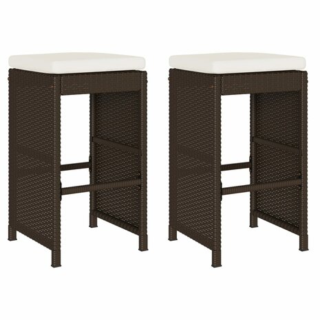 Tuinbarkrukken 2 st met kussens poly rattan bruin