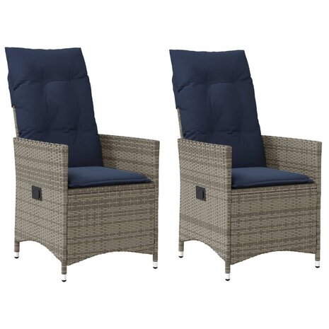 Tuinstoelen 2 st verstelbaar met kussens poly rattan grijs