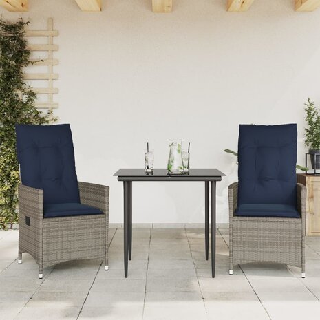 Tuinstoelen 2 st verstelbaar met kussens poly rattan grijs