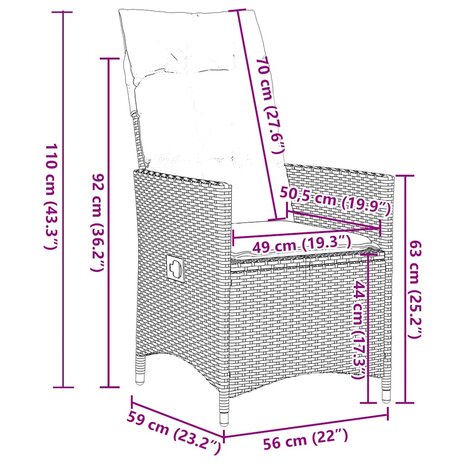 Tuinstoelen 2 st verstelbaar met kussens poly rattan grijs