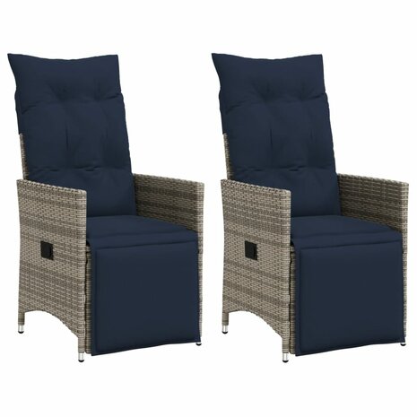 Tuinstoelen 2 st verstelbaar met kussens poly rattan grijs