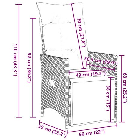 Tuinstoelen 2 st verstelbaar met kussens poly rattan grijs