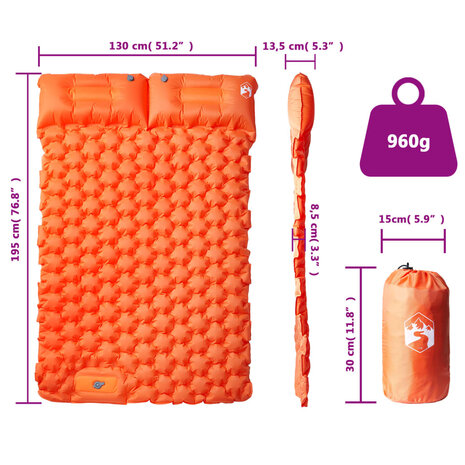 Kampeermatras met kussens zelfopblazend 2-persoons oranje
