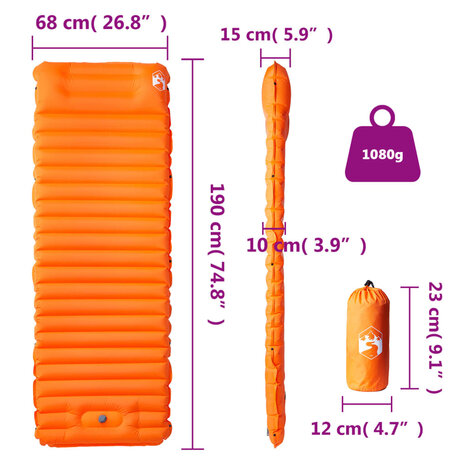 Kampeermatras met kussen zelfopblazend 1-persoons oranje