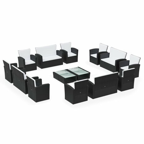16-delige Loungeset met kussens poly rattan zwart
