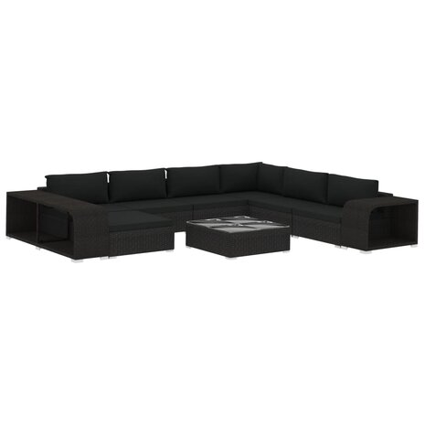 10-delige Loungeset met kussens poly rattan zwart