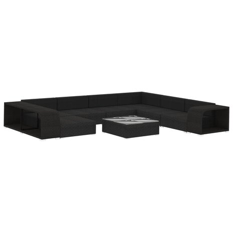10-delige Loungeset met kussens poly rattan zwart