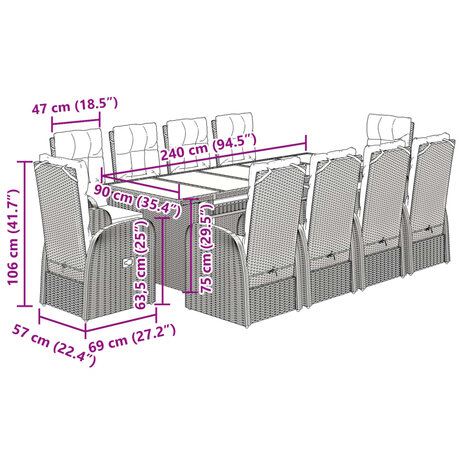 11-delige Tuinset met kussens poly rattan zwart