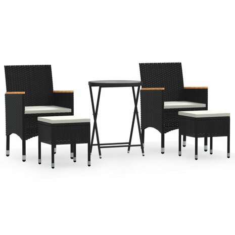 5-delige Bistroset poly rattan en gehard glas zwart
