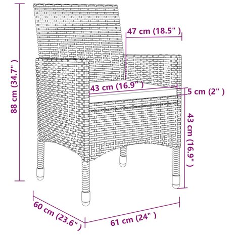 3-delige Tuinset met kussens poly rattan grijs