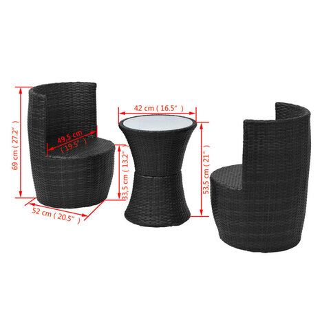 3-delige Bistroset met kussens poly rattan zwart