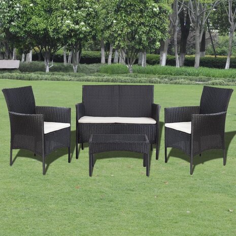 4-delige Loungeset met kussens poly rattan zwart