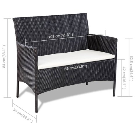 4-delige Loungeset met kussens poly rattan zwart