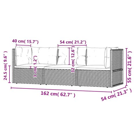 3-delige Loungeset met kussens poly rattan grijs