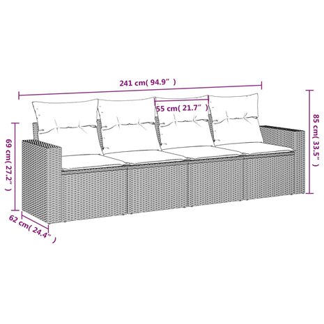 4-delige Loungeset met kussens poly rattan grijs