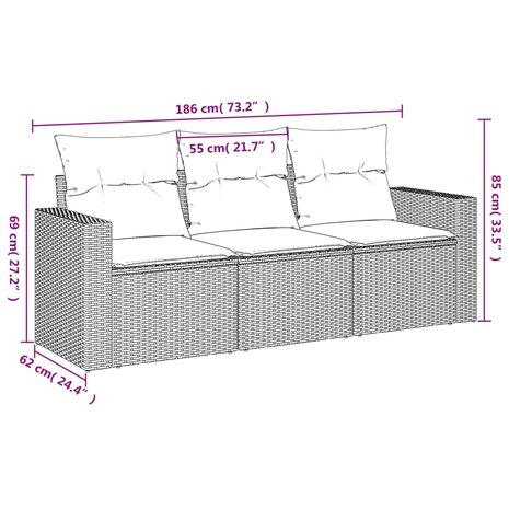 3-delige Loungeset met kussens poly rattan zwart