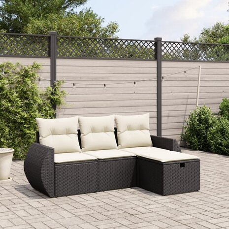 4-delige Loungeset met kussens poly rattan zwart