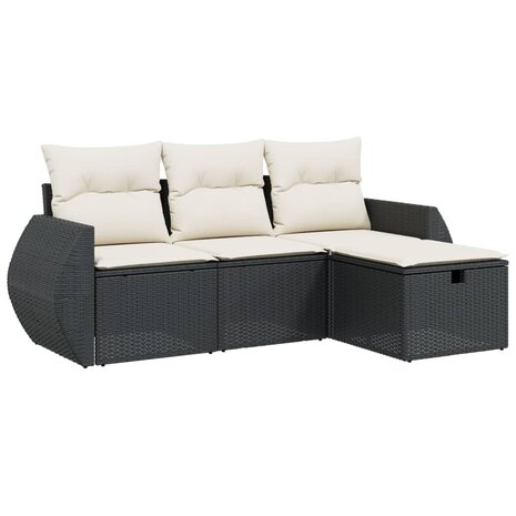 4-delige Loungeset met kussens poly rattan zwart