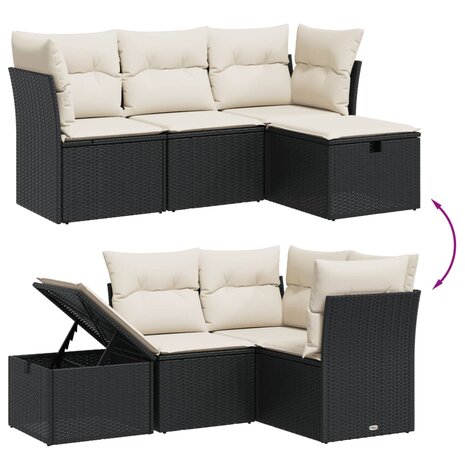4-delige Loungeset met kussens poly rattan zwart
