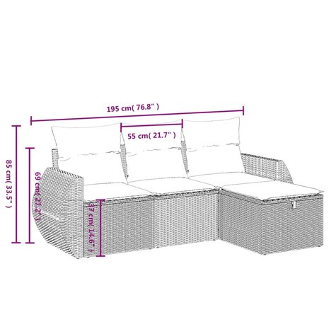 4-delige Loungeset met kussens poly rattan zwart