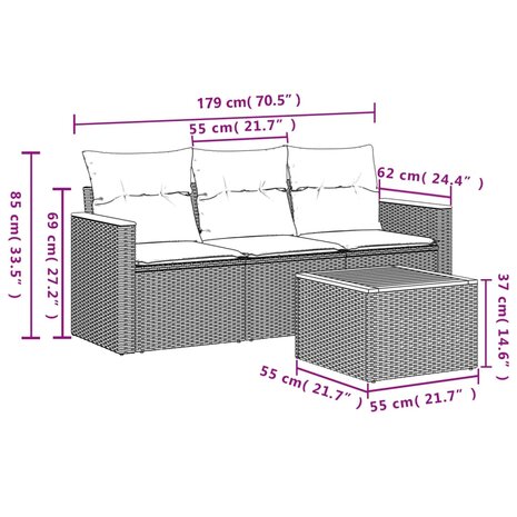 4-delige Loungeset met kussens poly rattan zwart