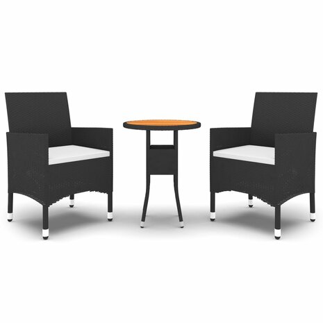 3-delige Bistroset poly rattan en massief hout zwart
