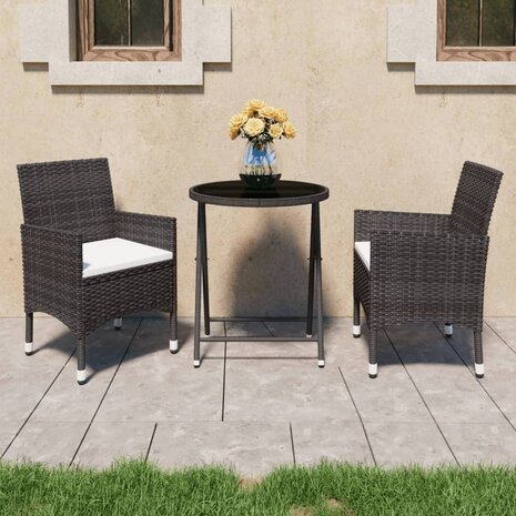 3-delige Bistroset poly rattan en gehard glas bruin