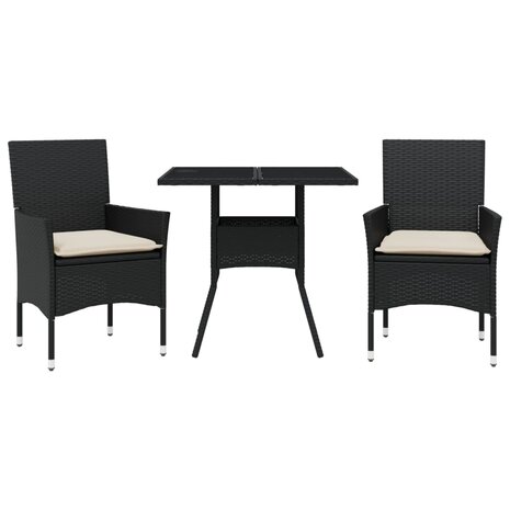 3-delige Tuinset met kussens poly rattan en glas zwart