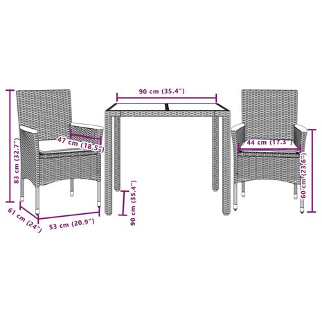 3-delige Tuinset met kussens poly rattan en acaciahout beige