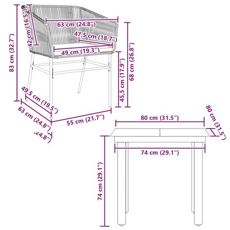 3-delige Tuinset met kussens poly rattan glas grijs