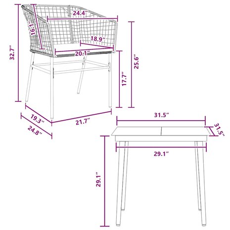 3-delige Tuinset met kussens poly rattan glas bruin