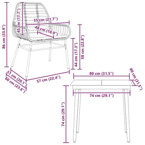 3-delige Tuinset met kussens poly rattan glas zwart