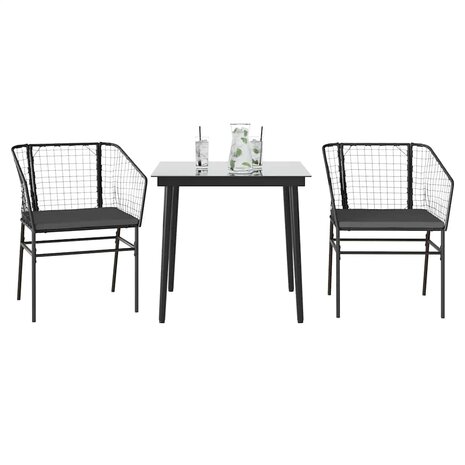 3-delige Tuinset met kussens poly rattan glas zwart