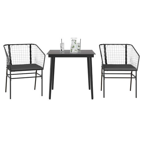 3-delige Tuinset met kussens poly rattan glas zwart