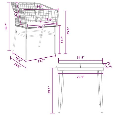 3-delige Tuinset met kussens poly rattan glas zwart