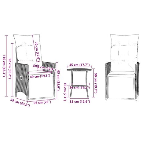 3-delige Bistroset met kussens poly rattan grijs