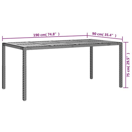 Tuintafel 190x90x75 cm poly rattan en acaciahout zwart