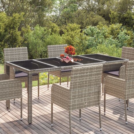 Tuintafel met glazen blad 190x90x75 cm poly rattan grijs