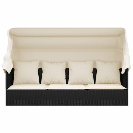 Loungebed met luifel en kussens poly rattan zwart