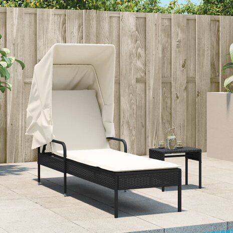 Ligbed met luifel poly rattan zwart
