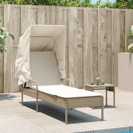 Ligbed met luifel en tafel poly rattan beige