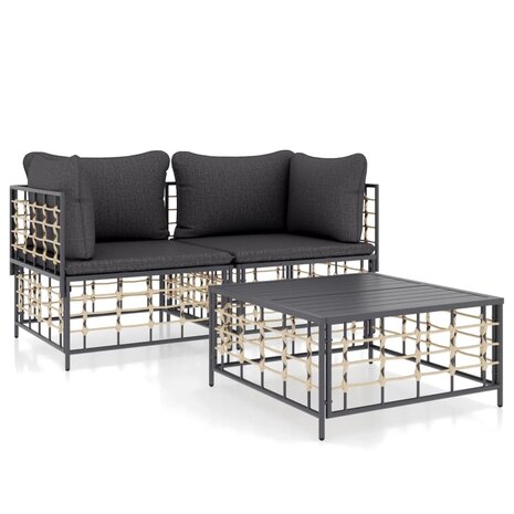 3-delige Loungeset met kussens poly rattan antracietkleurig