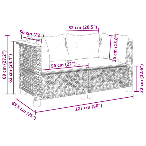 Tuinhoekbanken 2 st met kussens poly rattan grijs