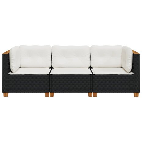 Tuinbank 3-zits met kussens poly rattan zwart