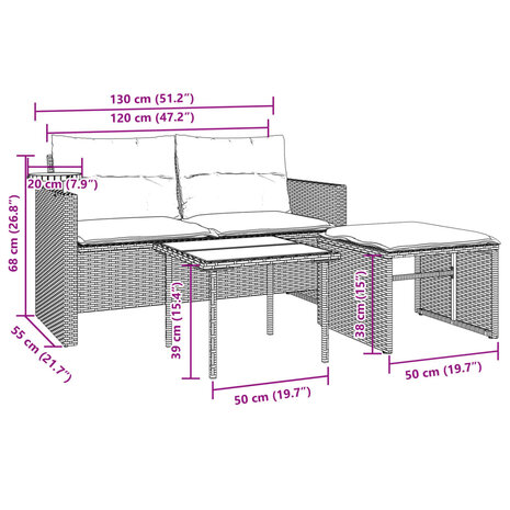 3-delige Loungeset met kussens poly rattan zwart