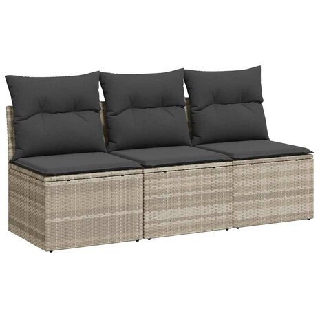 Tuinbank 3-zits met kussens poly rattan lichtgrijs