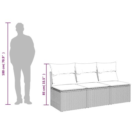 Tuinbank 3-zits met kussens poly rattan lichtgrijs