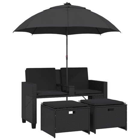 Tuinbank 2-zits met parasol en voetenbanken poly rattan zwart